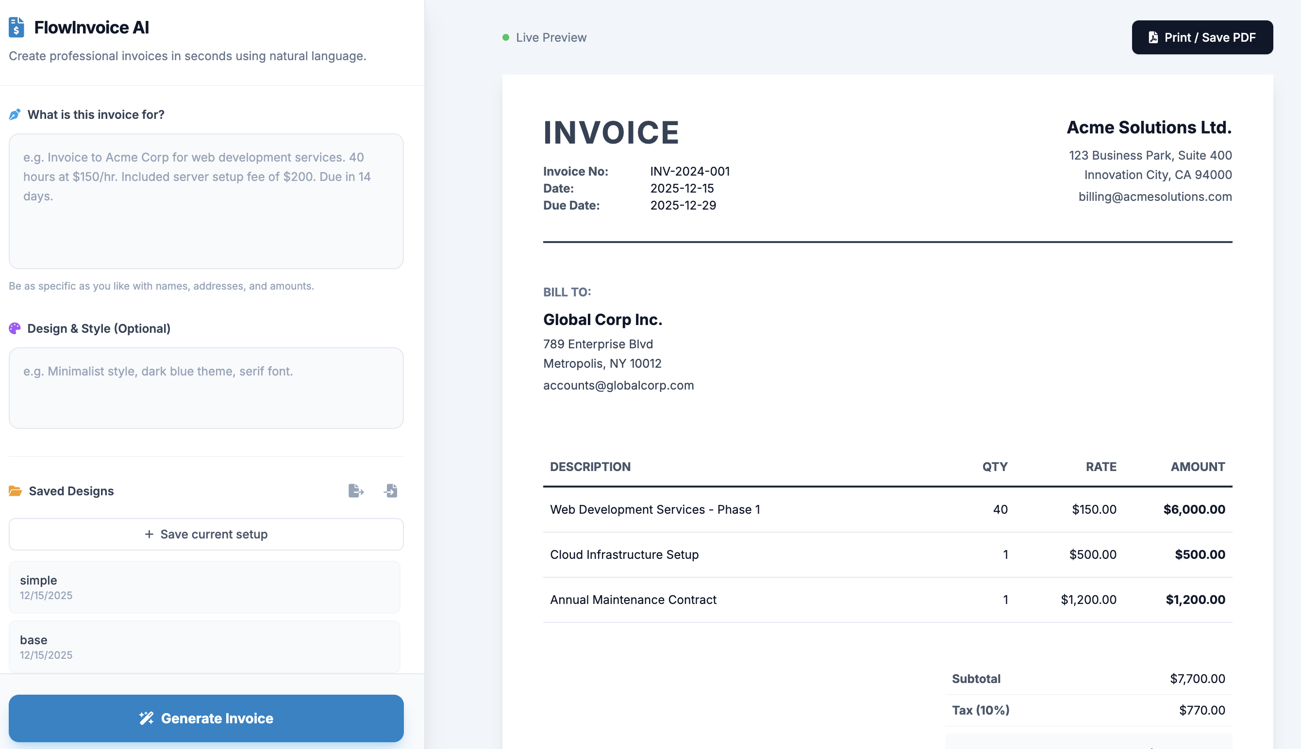 FlowInvoice AI Invoice Generator